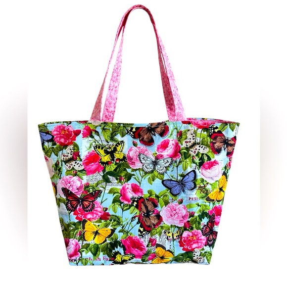 Handmade Tote Bag Colorful Floral Butterflies Fabric Market Bag Shoulder Purse - Picture 3 of 7